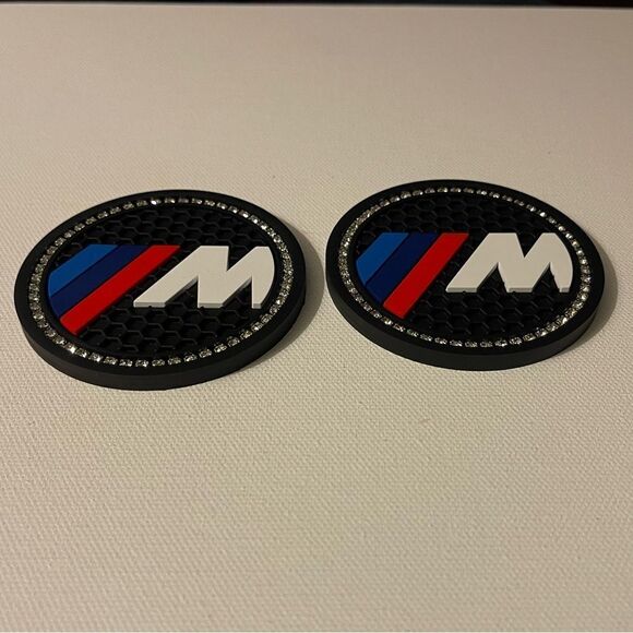 BMW Motorsports Logo Cup Holder Coasters Black with Bling set of 2 NWT - Picture 3 of 4